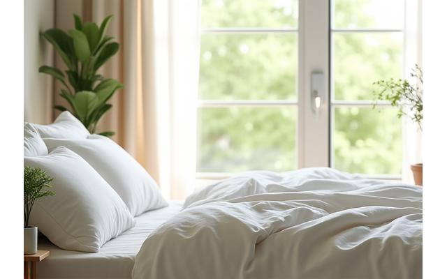 Bedroom with soft, natural light, wooden bed frame, linen bedding, and a subtle biophilic element like a plant on a nightstand