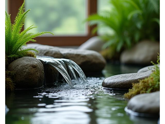 Elegant indoor cascading water feature surrounded by smooth stones and lush ferns, creating a calming atmosphere