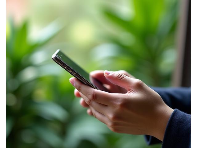Close-up of a hand holding a modern smartphone, with a blurred background of a tranquil garden, suggesting a peaceful and direct connection.