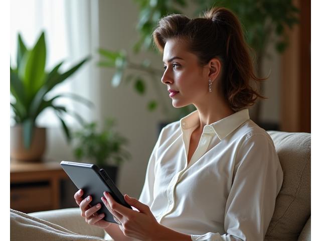 Woman comfortably interacting via video call on a tablet, surrounded by a contemporary workspace with natural elements, symbolizing remote accessibility.