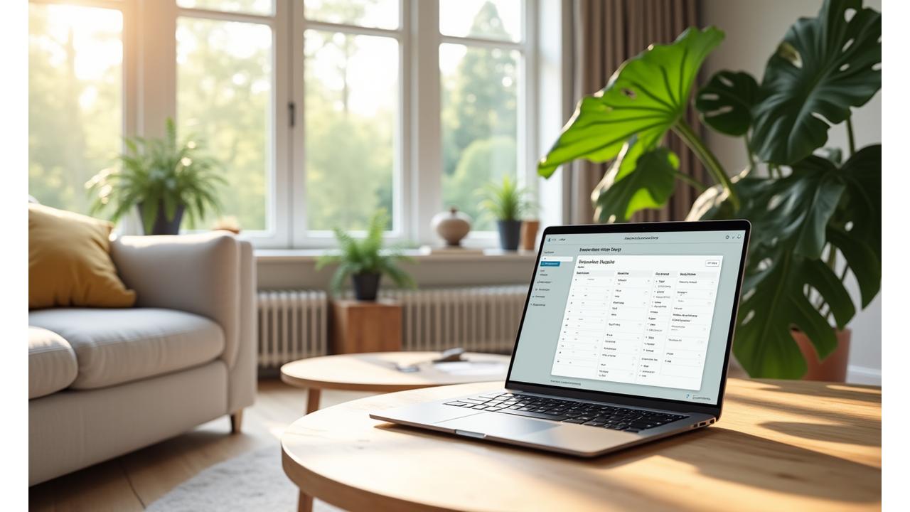 A serene, modern living room bathed in natural light, featuring biophilic elements like a large Fiddle Leaf Fig plant and sustainable wood furniture. A laptop sits open on a table, displaying a calendar for booking, emphasizing ease of consultation scheduling.
