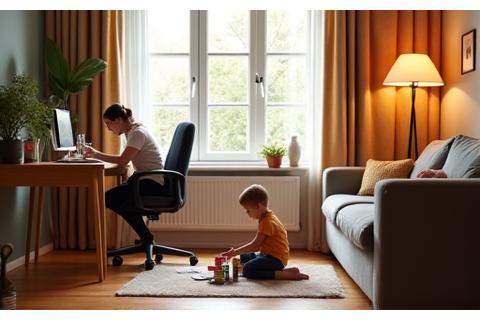 A comfortable yet professional home office setup, showing a parent at an ergonomic desk with a child happily playing nearby, illustrating family-friendly design integration in a shared living space.