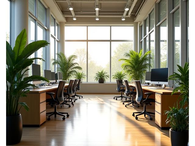 Modern office space with abundant natural light and biophilic elements, demonstrating WELL concepts.