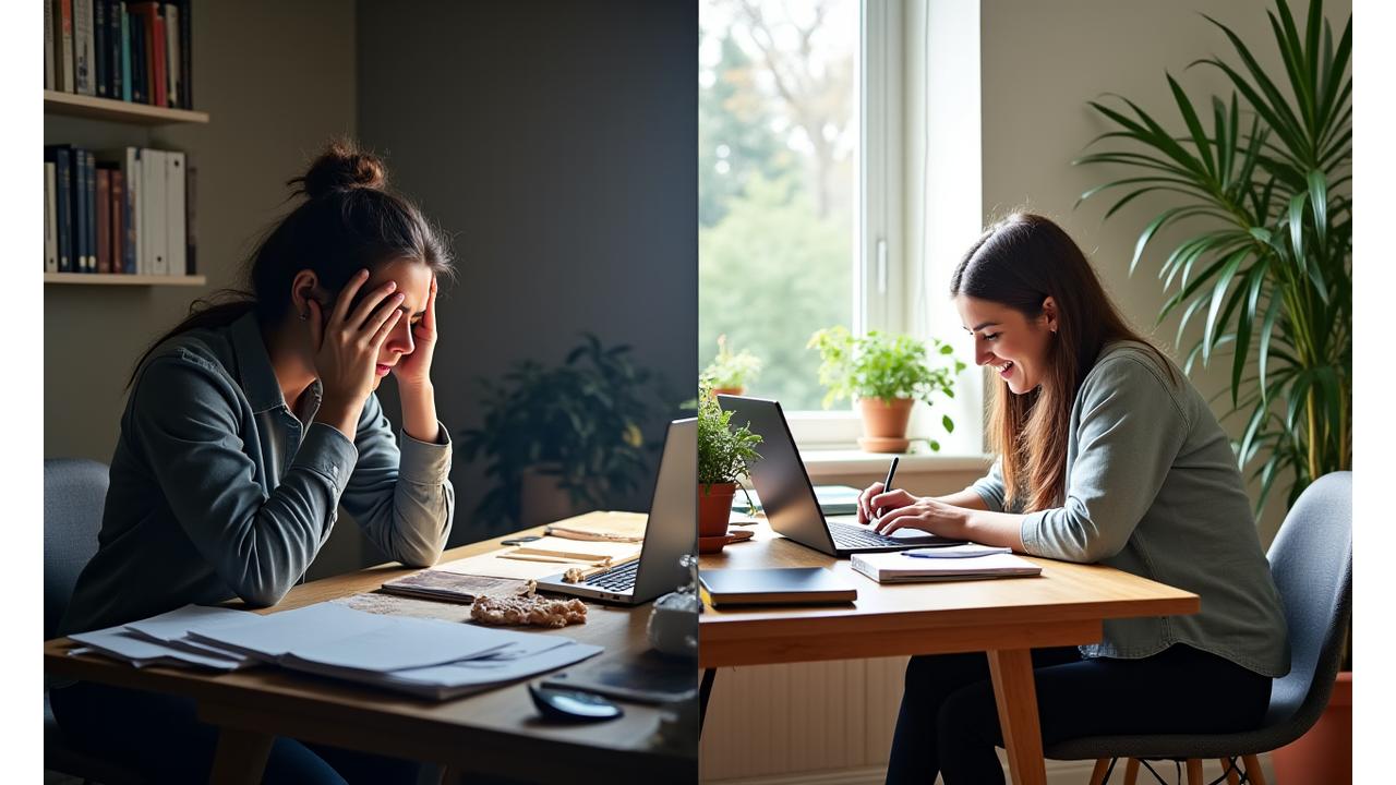 Before and after image showing a cluttered, stressful workspace transforming into a calm, biophilic home office, representing lifestyle transformation through habit coaching.
