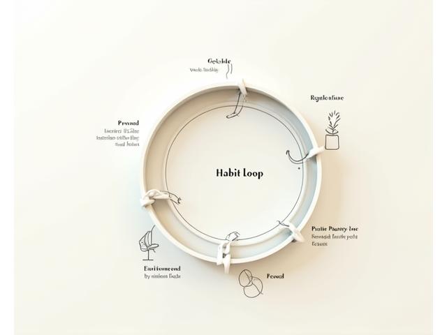 Infographic illustrating the three-stage habit loop of cue, routine, and reward, integrated with environmental design elements.