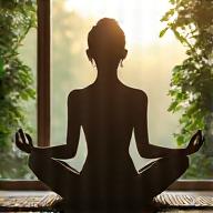 Individual meditating in a serene, biophilic space with plants and soft lighting, symbolizing mindfulness and stress management.