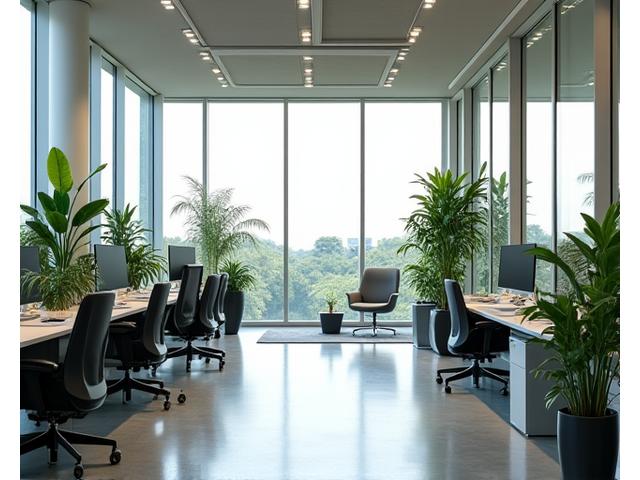 Modern, calm office space with green plants, soft lighting, and ergonomic chairs, designed for employee well-being and mindful breaks.