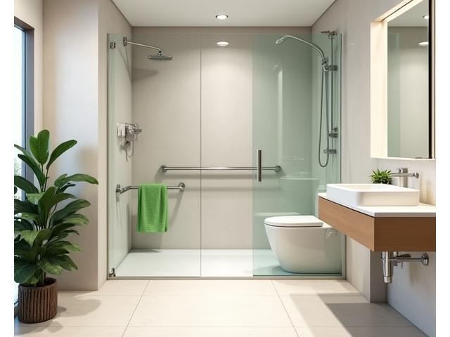 Modern, accessible bathroom with grab bars, walk-in shower, and non-slip tiles