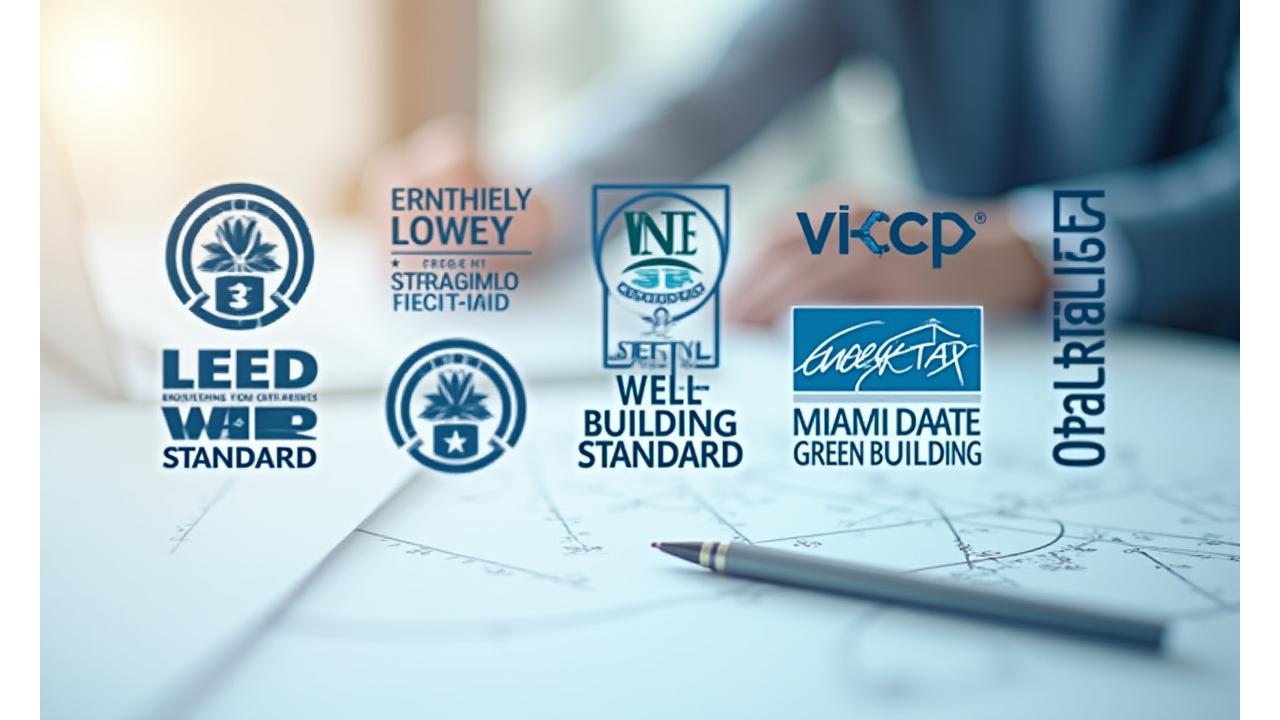 LEED, WELL, and Energy Star certification logos displayed on a sleek, modern architectural blueprint or digital interface, emphasizing compliance and expertise.
