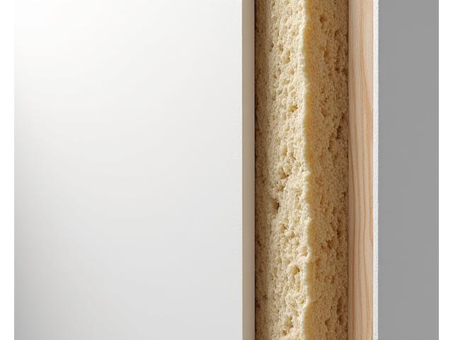 Cross-section of a wall revealing natural fiber insulation, such as denim or wool, surrounded by untreated wood studs